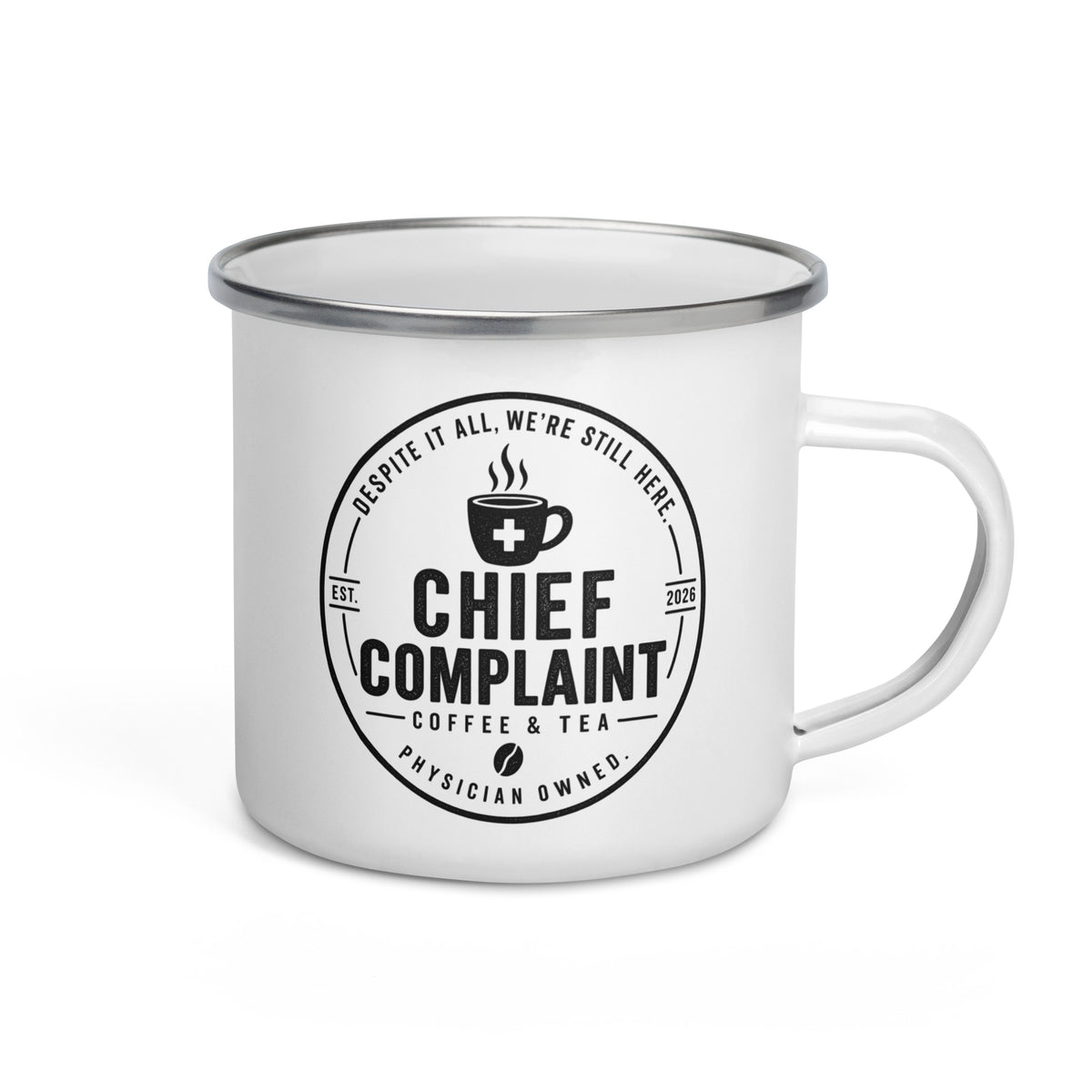 The House Call Enamel Mug, white 12 oz camping enamel mug, right side, physician owned