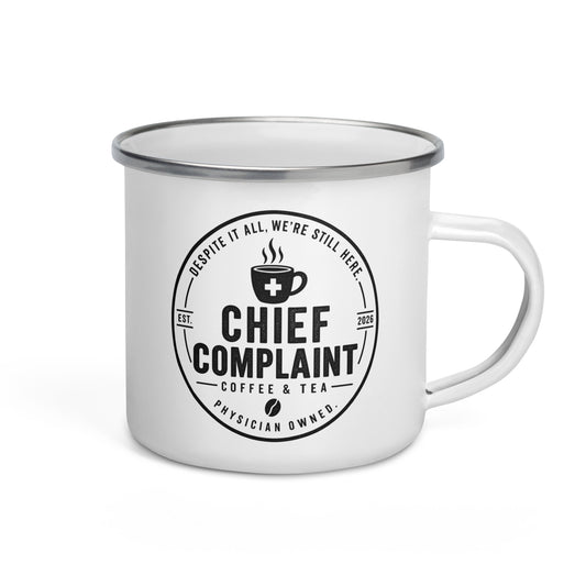 The House Call Enamel Mug, white 12 oz camping enamel mug, right side, physician owned