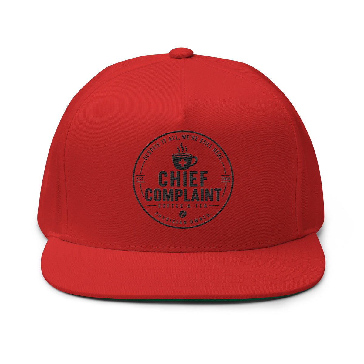 The Full Scope Flat Bill Cap in red, flat bill snapback for nurses and PAs, front view, physician owned