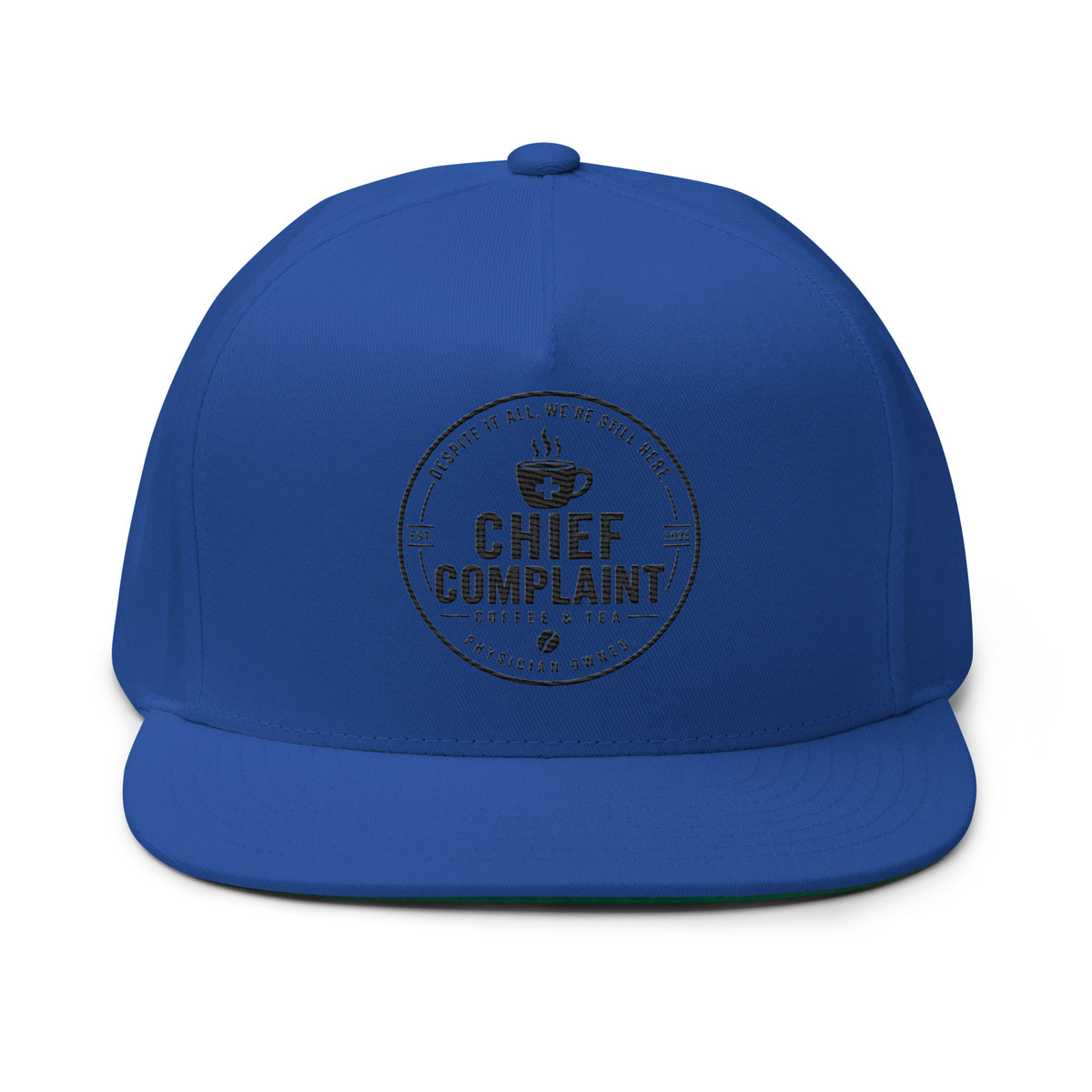 The Full Scope Flat Bill Cap in royal blue, flat bill snapback for nurses and PAs, front view, physician owned