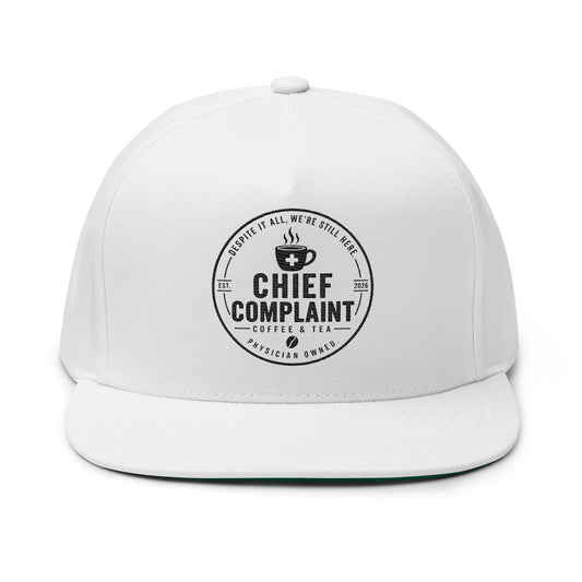 The Full Scope Flat Bill Cap in white, flat bill snapback for nurses and PAs, front view, physician owned