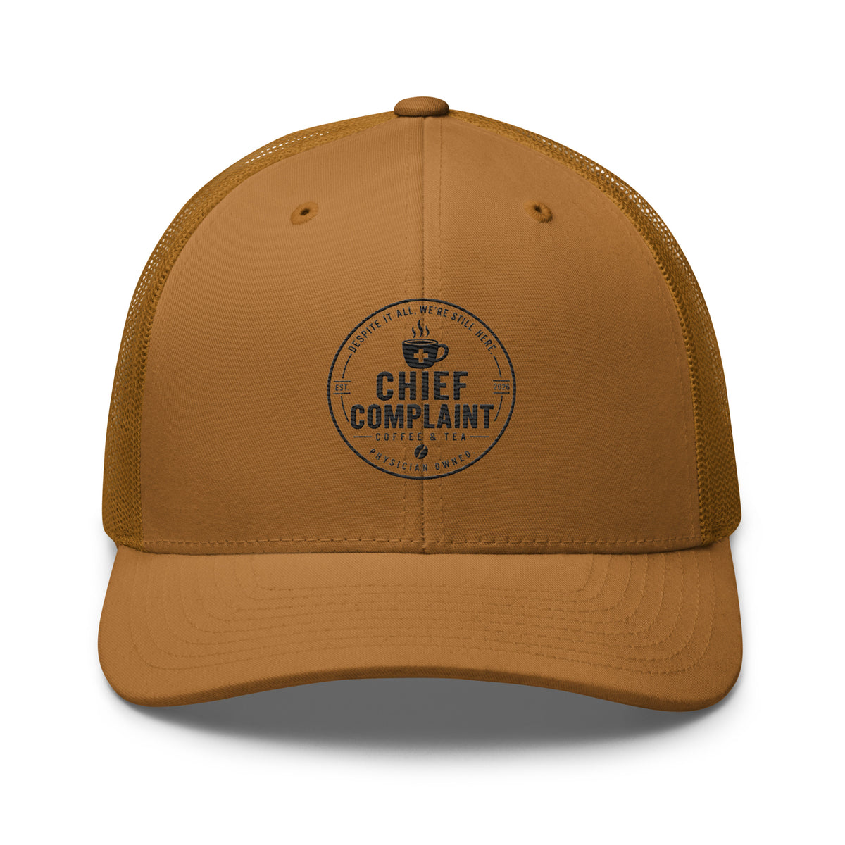 The Rural Route Trucker Cap in caramel, physician trucker hat with mesh back, front view, physician owned
