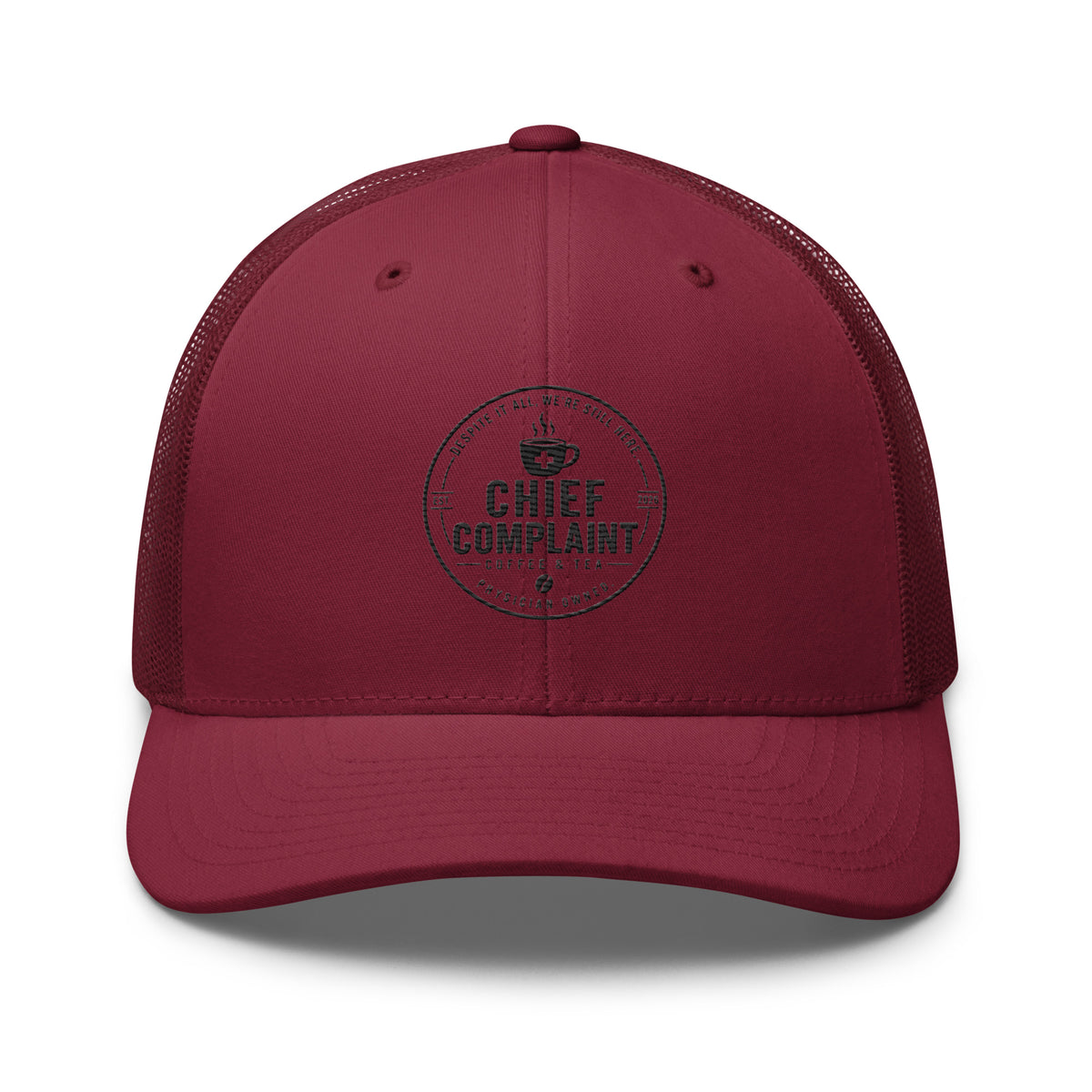 The Rural Route Trucker Cap in cranberry, physician trucker hat with mesh back, front view, physician owned