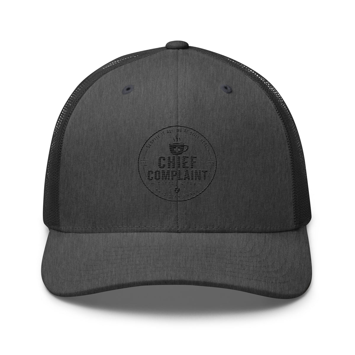 The Rural Route Trucker Cap in dark heather gray, physician trucker hat, front view, physician owned