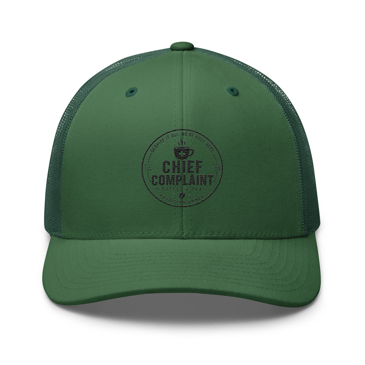 The Rural Route Trucker Cap in evergreen, physician trucker hat with mesh back, front view, physician owned