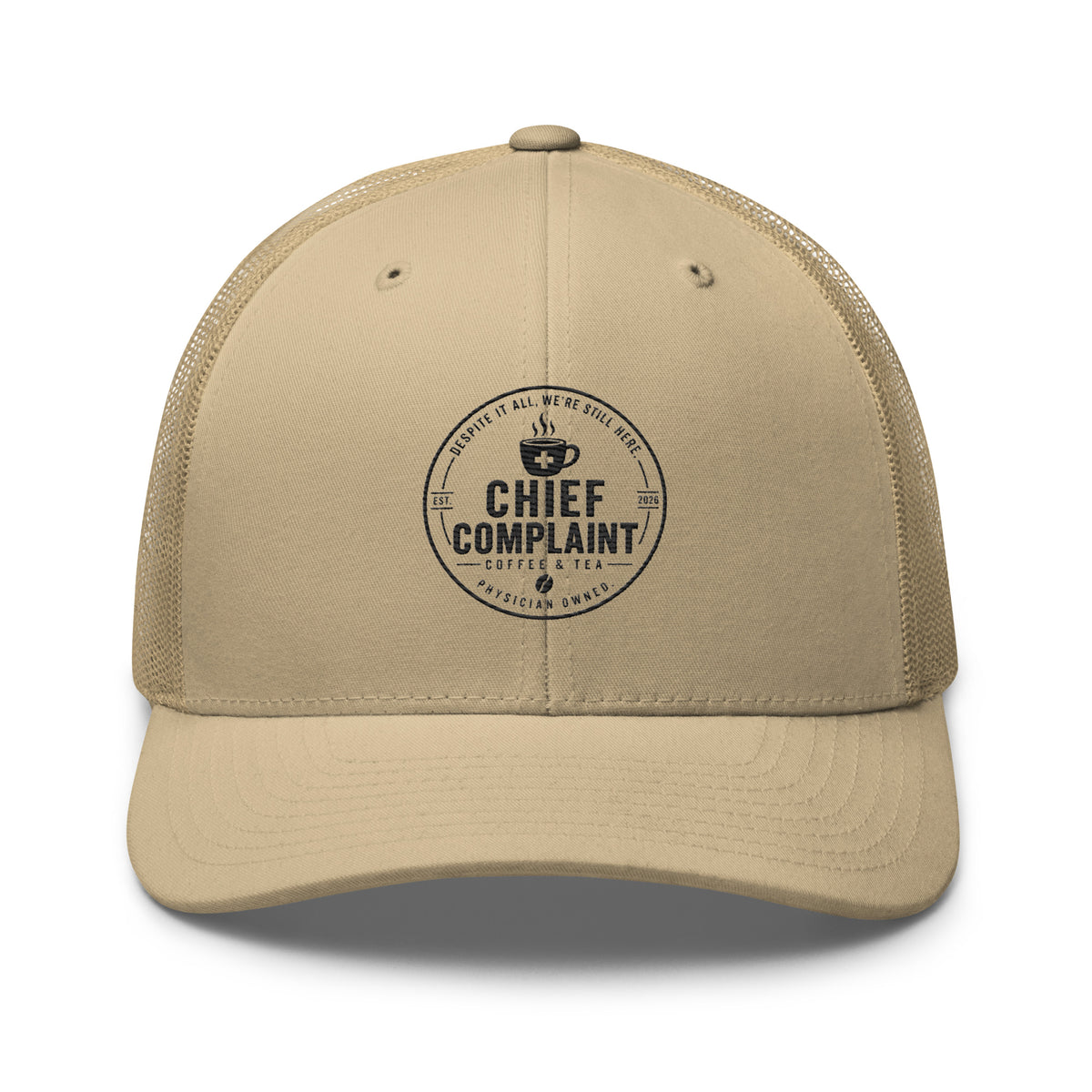 The Rural Route Trucker Cap in khaki, physician trucker hat with mesh back, front view, physician owned