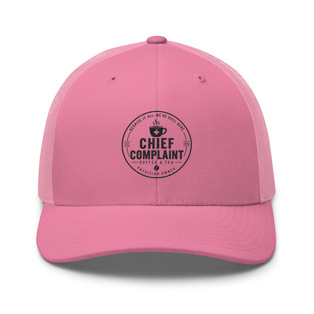The Rural Route Trucker Cap in pink, physician trucker hat with mesh back, front view, physician owned