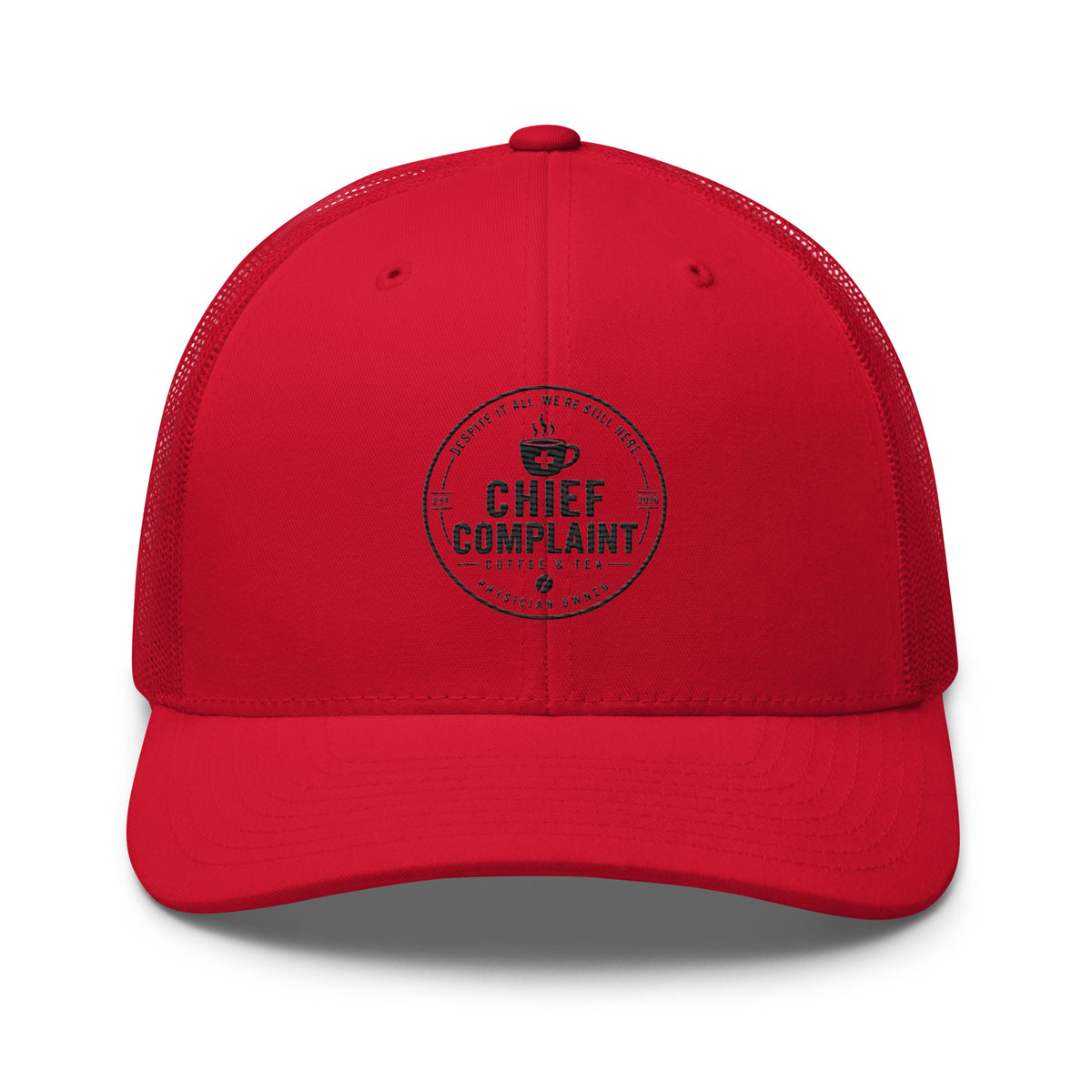 The Rural Route Trucker Cap in red, physician trucker hat with mesh back, front view, physician owned
