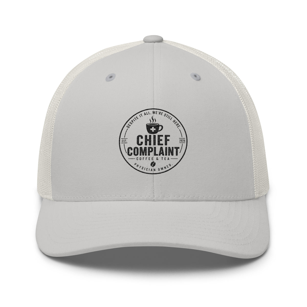 The Rural Route Trucker Cap in silver, physician trucker hat with mesh back, front view, physician owned