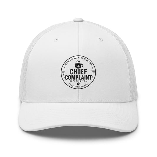 The Rural Route Trucker Cap in white, physician trucker hat with mesh back, front view, physician owned
