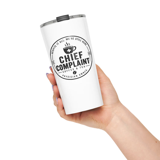 The Standing Order Tumbler, white 20 oz insulated stainless steel tumbler, front view, physician owned