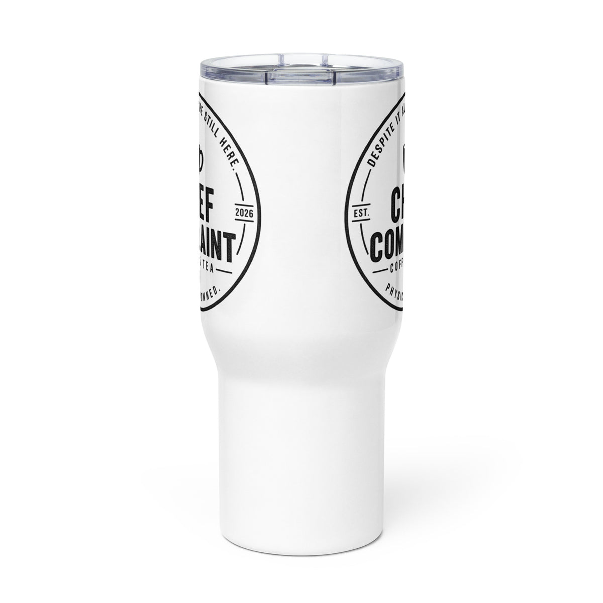 The Commuter Travel Mug, white 25 oz insulated travel mug with handle, front view, physician owned