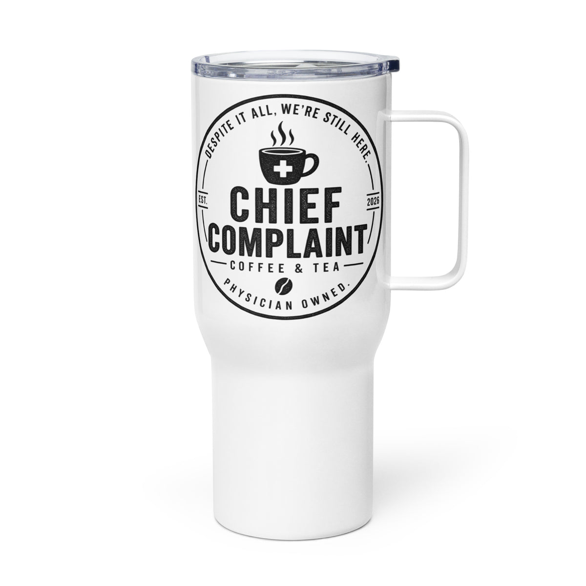 The Commuter Travel Mug, white 25 oz insulated travel mug with handle, left side, physician owned