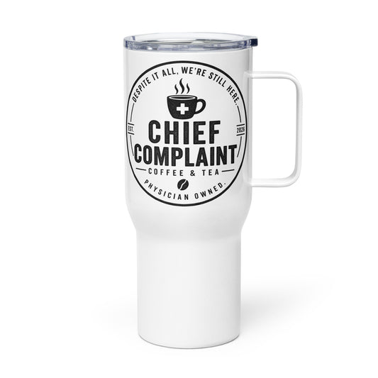 The Commuter Travel Mug, white 25 oz insulated travel mug with handle, left side, physician owned