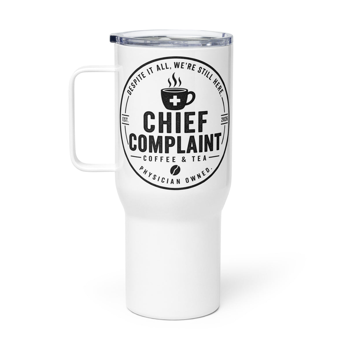 The Commuter Travel Mug, white 25 oz insulated travel mug with handle, right side, physician owned