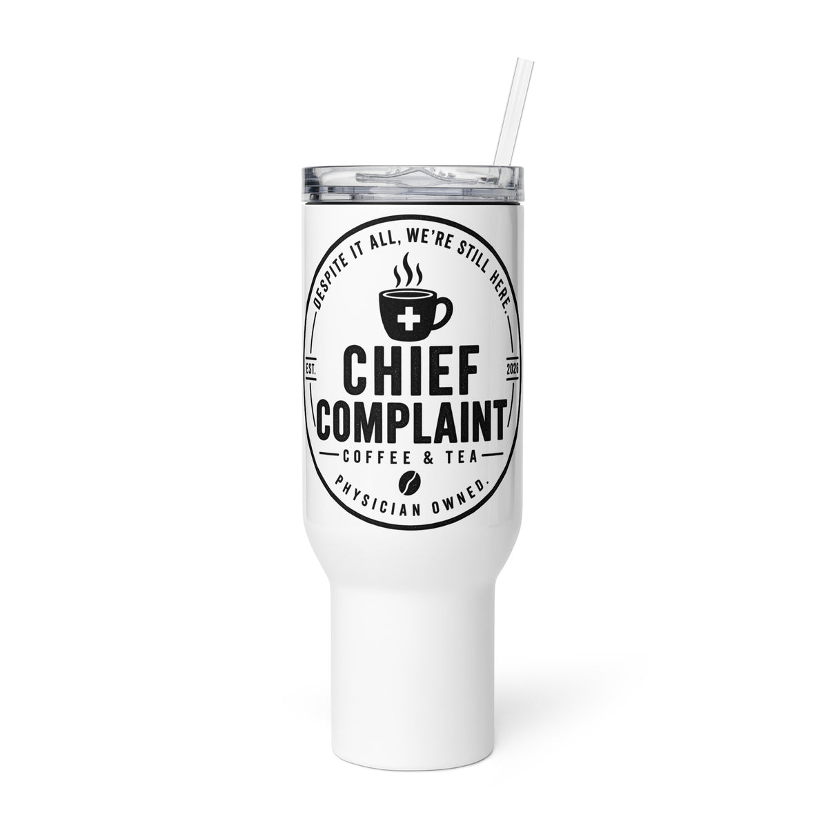 The Commuter Travel Mug, white 40 oz insulated travel mug with handle, front view, physician owned