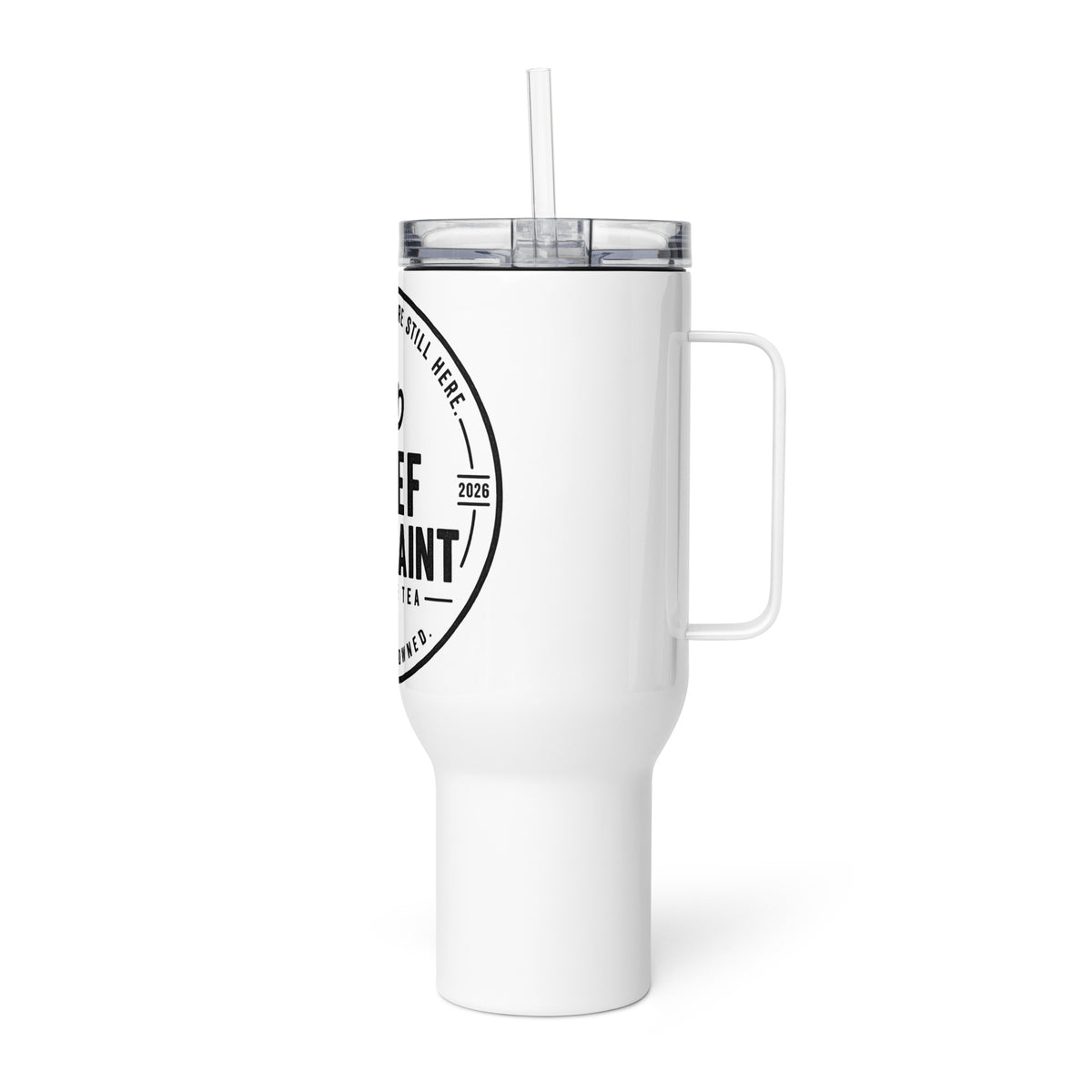 The Commuter Travel Mug, white 40 oz insulated travel mug with handle, left side, physician owned