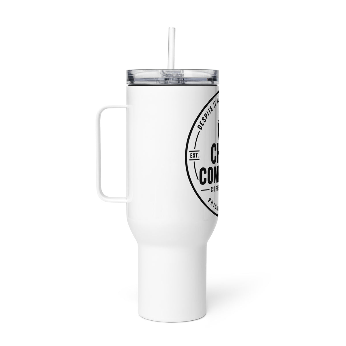 The Commuter Travel Mug, white 40 oz insulated travel mug with handle, right side, physician owned