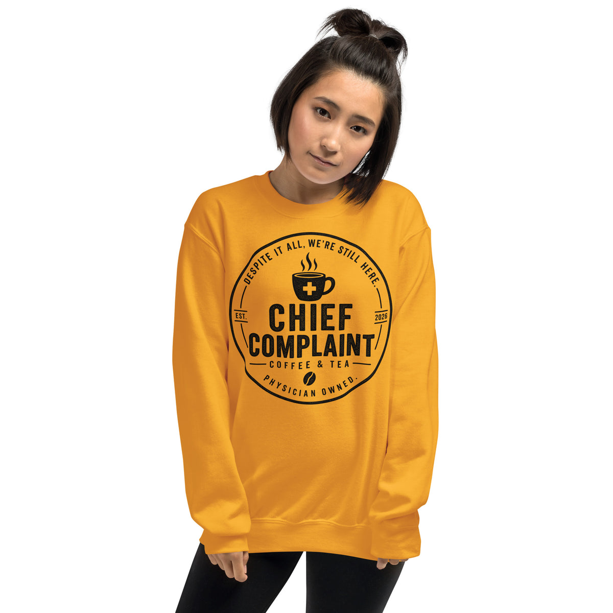 The Sign Out Sweatshirt in gold, crew neck sweatshirt for nurses and physicians, front view, physician owned