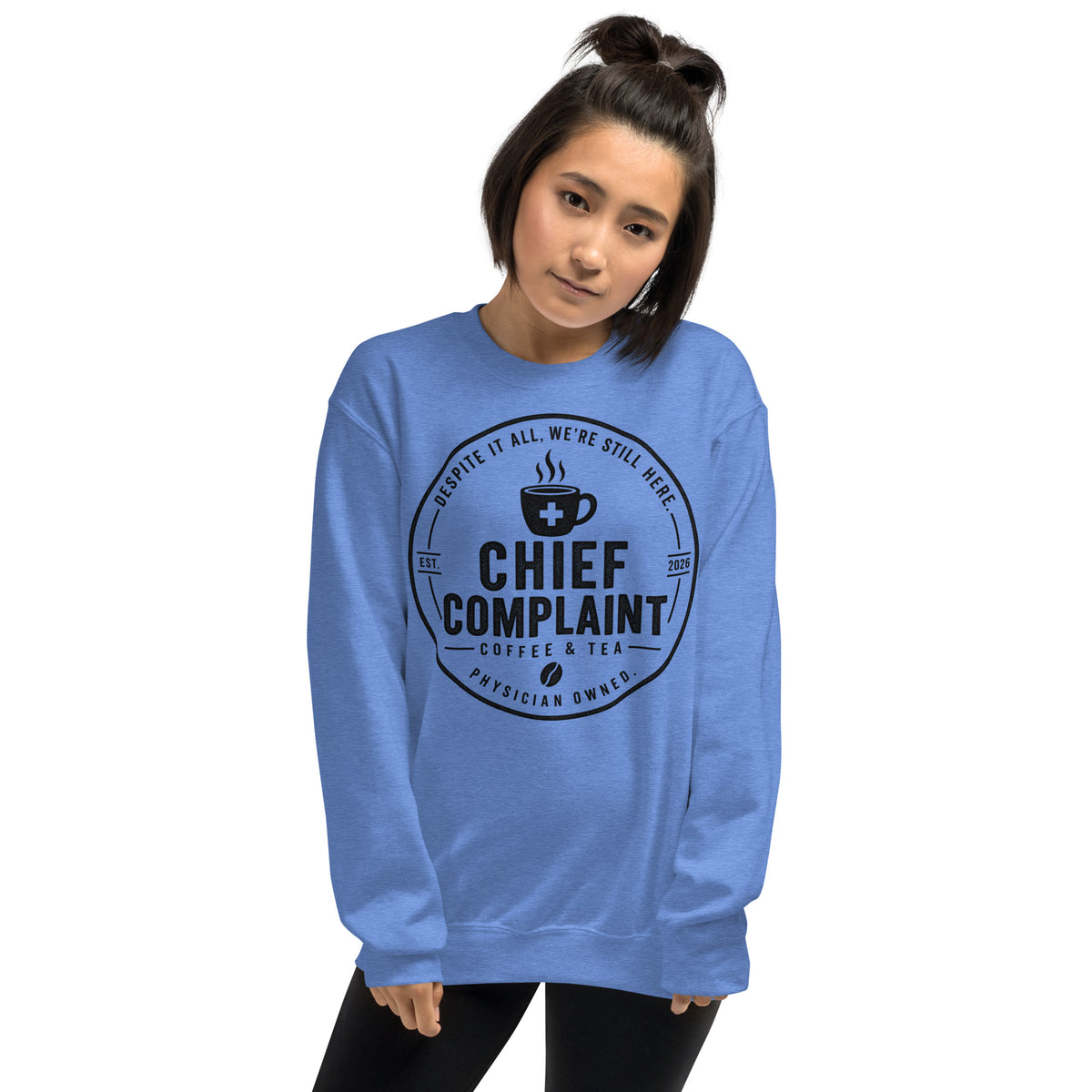 The Sign Out Sweatshirt in heather deep royal, crew neck sweatshirt for nurses and physicians, front view, physician owned