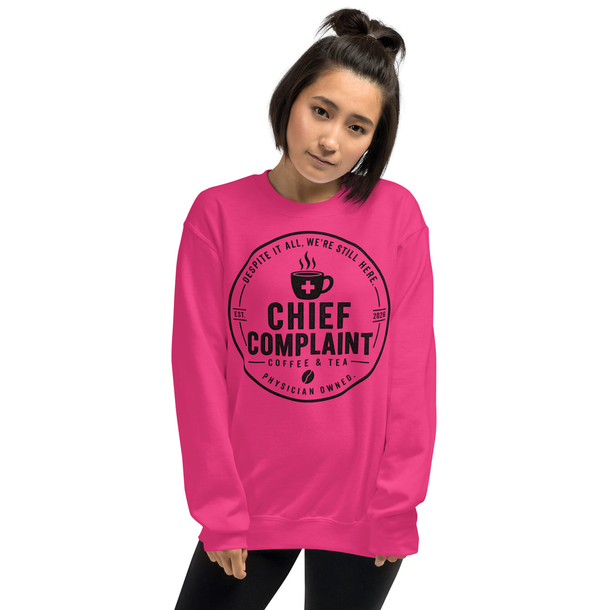 The Sign Out Sweatshirt in heliconia pink, crew neck sweatshirt for nurses and physicians, front view, physician owned