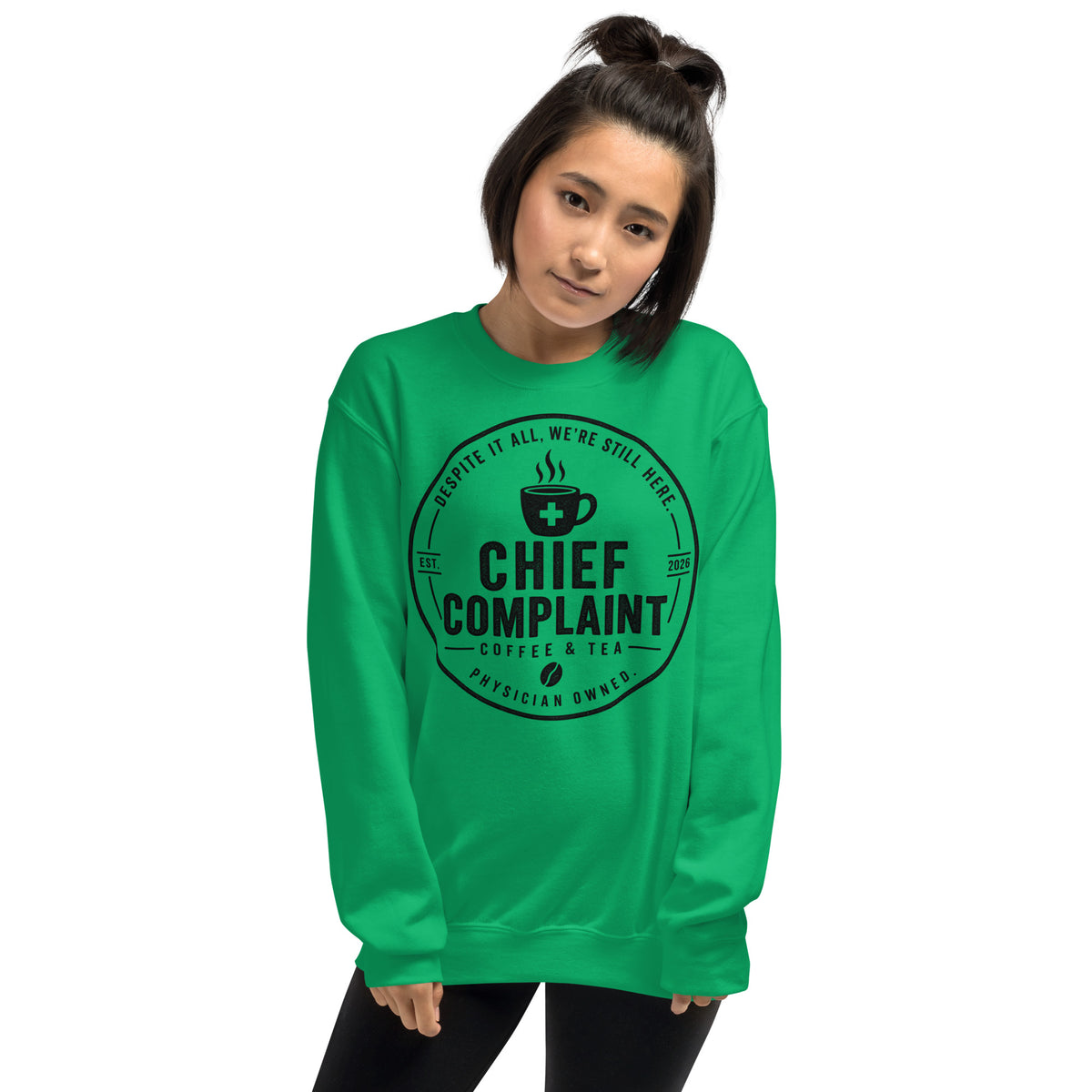 The Sign Out Sweatshirt in Irish green, crew neck sweatshirt for nurses and physicians, front view, physician owned