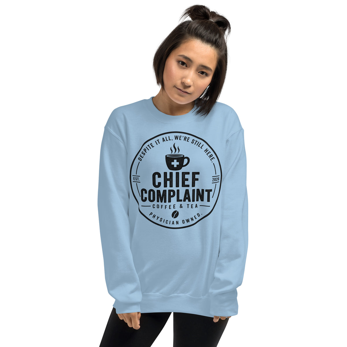 The Sign Out Sweatshirt in light blue, crew neck sweatshirt for nurses and physicians, front view, physician owned