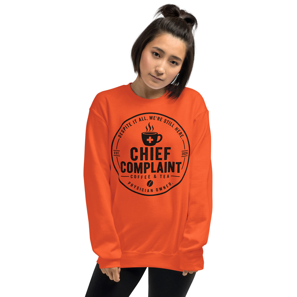 The Sign Out Sweatshirt in orange, crew neck sweatshirt for nurses and physicians, front view, physician owned