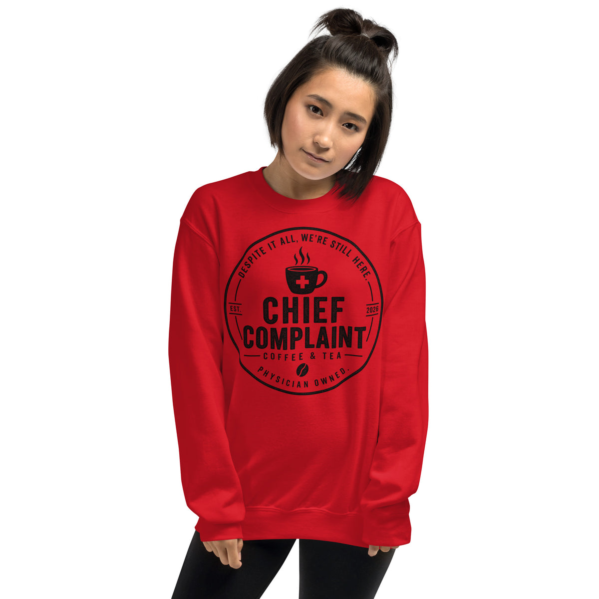 The Sign Out Sweatshirt in red, crew neck sweatshirt for nurses and physicians, front view, physician owned