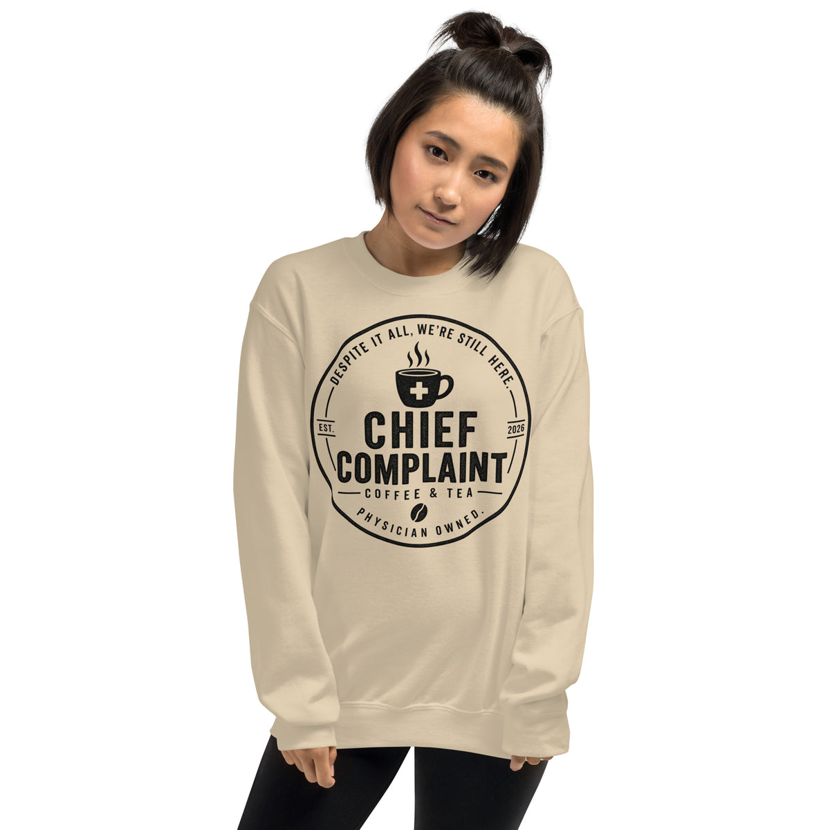 The Sign Out Sweatshirt in sand, crew neck sweatshirt for nurses and physicians, front view, physician owned