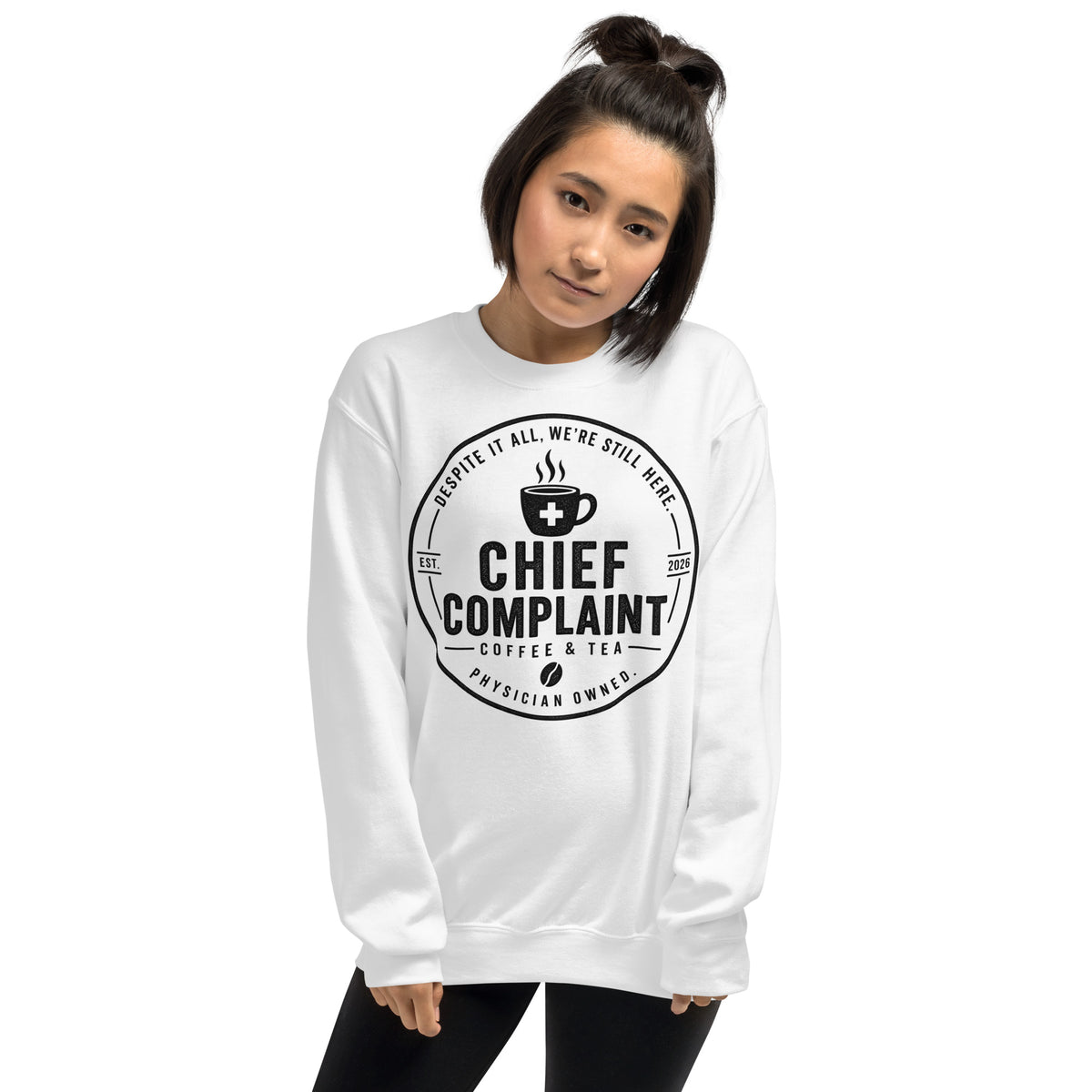 The Sign Out Sweatshirt in white, crew neck sweatshirt for nurses and physicians, front view, physician owned