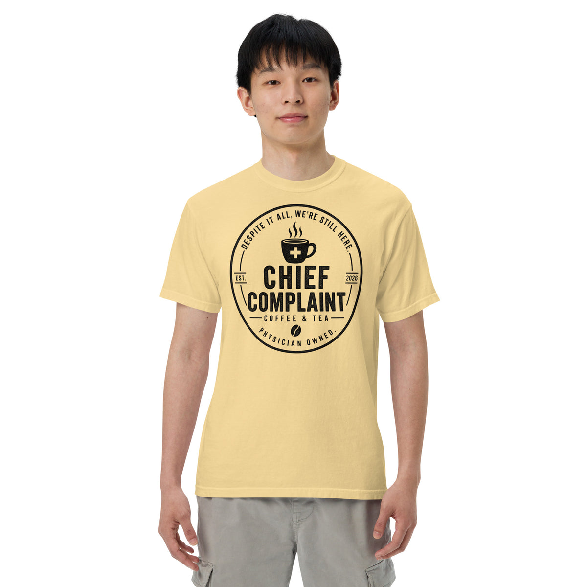 That Long Coat Feeling Heavyweight Tee in butter, garment dyed heavyweight physician t-shirt, front view, physician owned