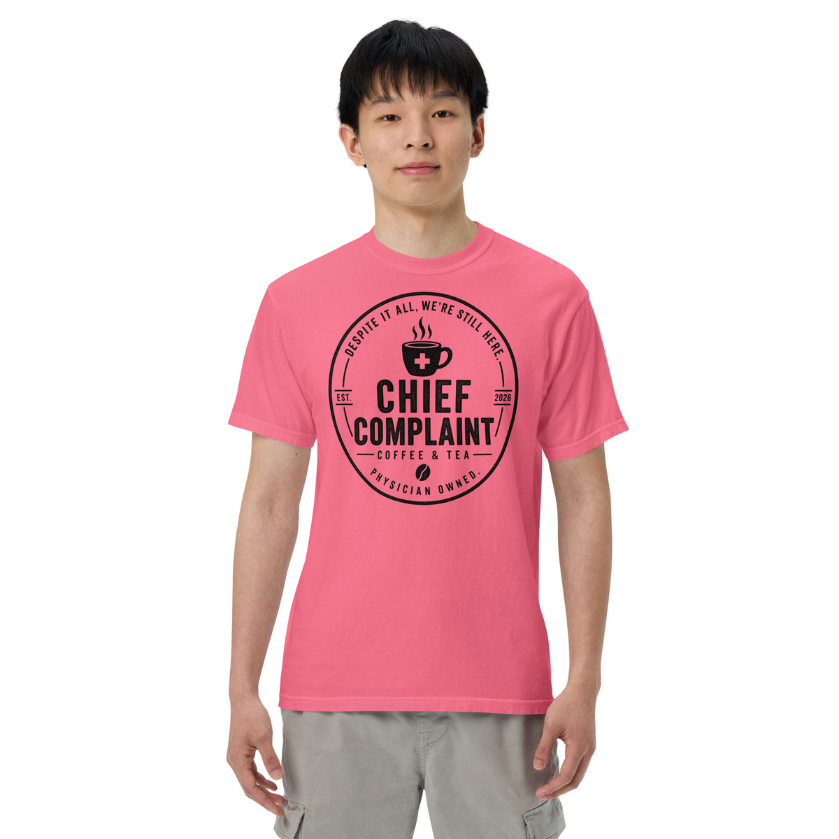 That Long Coat Feeling Heavyweight Tee in crunchberry, garment dyed heavyweight physician t-shirt, front view, physician owned