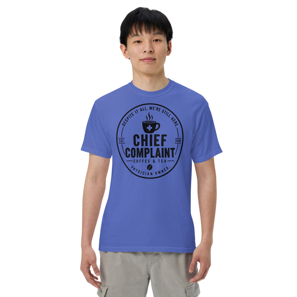 That Long Coat Feeling Heavyweight Tee in flo blue, garment dyed heavyweight physician t-shirt, front view, physician owned