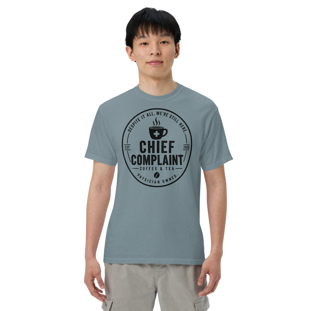 That Long Coat Feeling Heavyweight Tee in ice blue, garment dyed heavyweight physician t-shirt, front view, physician owned