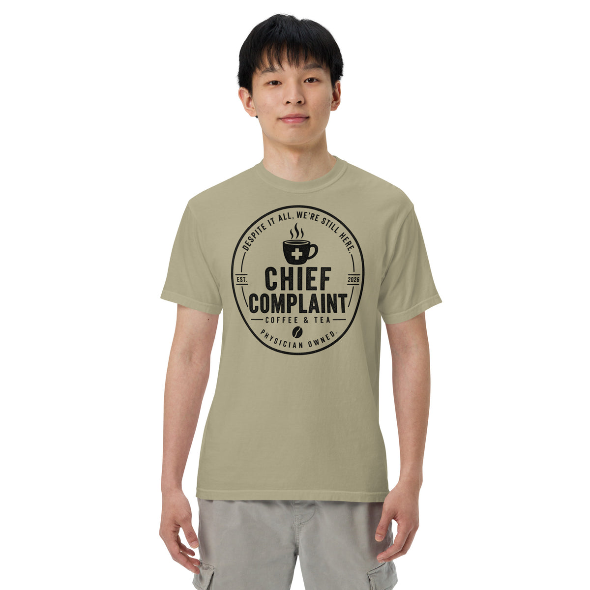 That Long Coat Feeling Heavyweight Tee in khaki, garment dyed heavyweight physician t-shirt, front view, physician owned