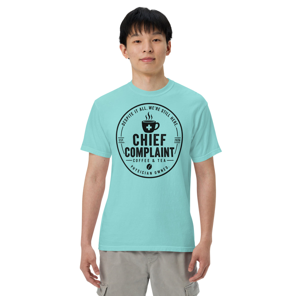 That Long Coat Feeling Heavyweight Tee in lagoon blue, garment dyed heavyweight physician t-shirt, front view, physician owned