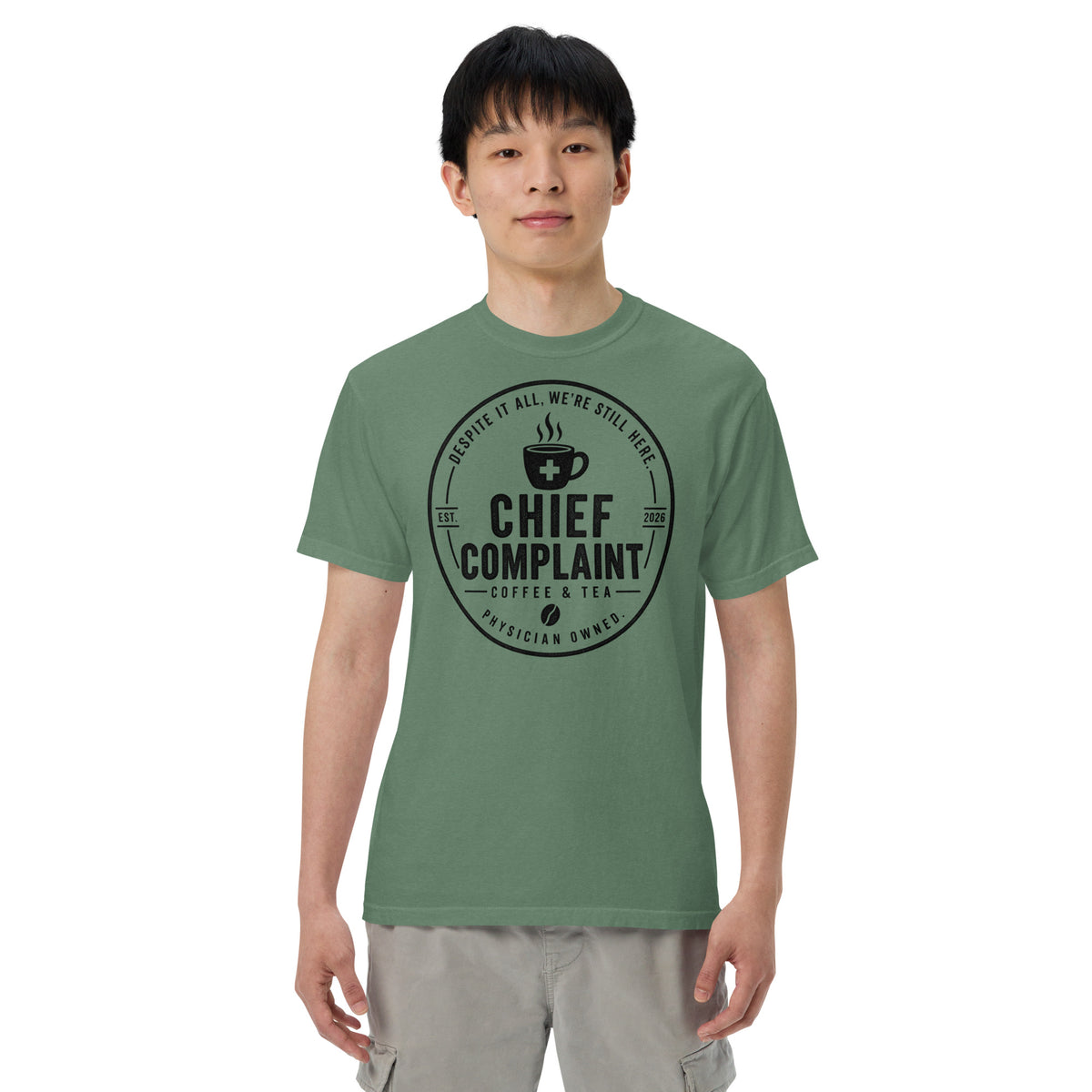 That Long Coat Feeling Heavyweight Tee in light green, garment dyed heavyweight physician t-shirt, front view, physician owned