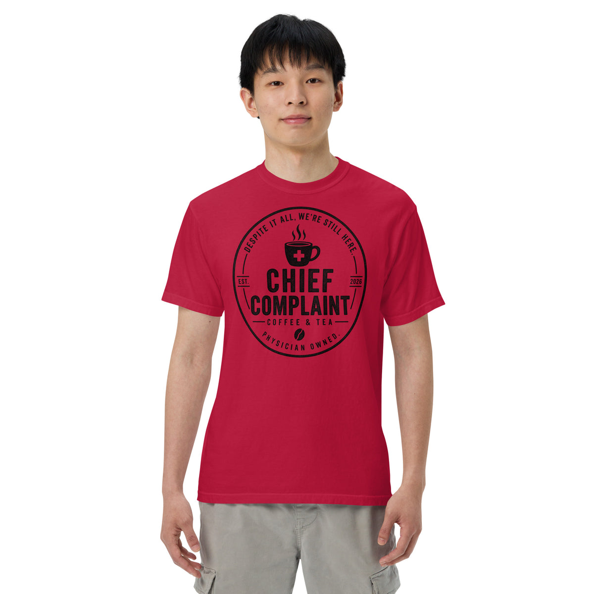 That Long Coat Feeling Heavyweight Tee in red, garment dyed heavyweight physician t-shirt, front view, physician owned