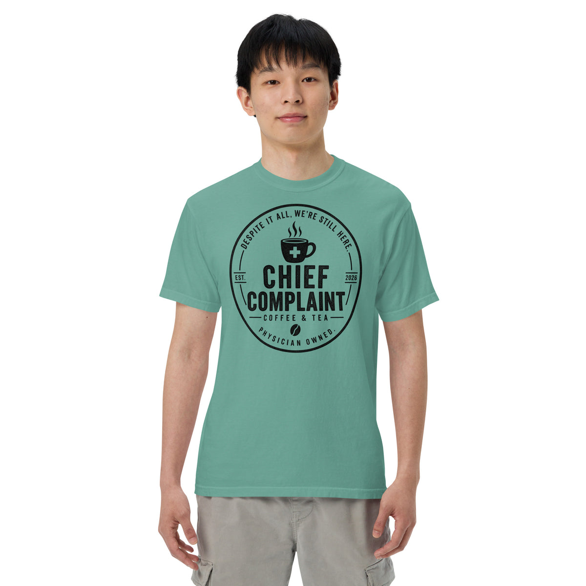 That Long Coat Feeling Heavyweight Tee in seafoam, garment dyed heavyweight physician t-shirt, front view, physician owned