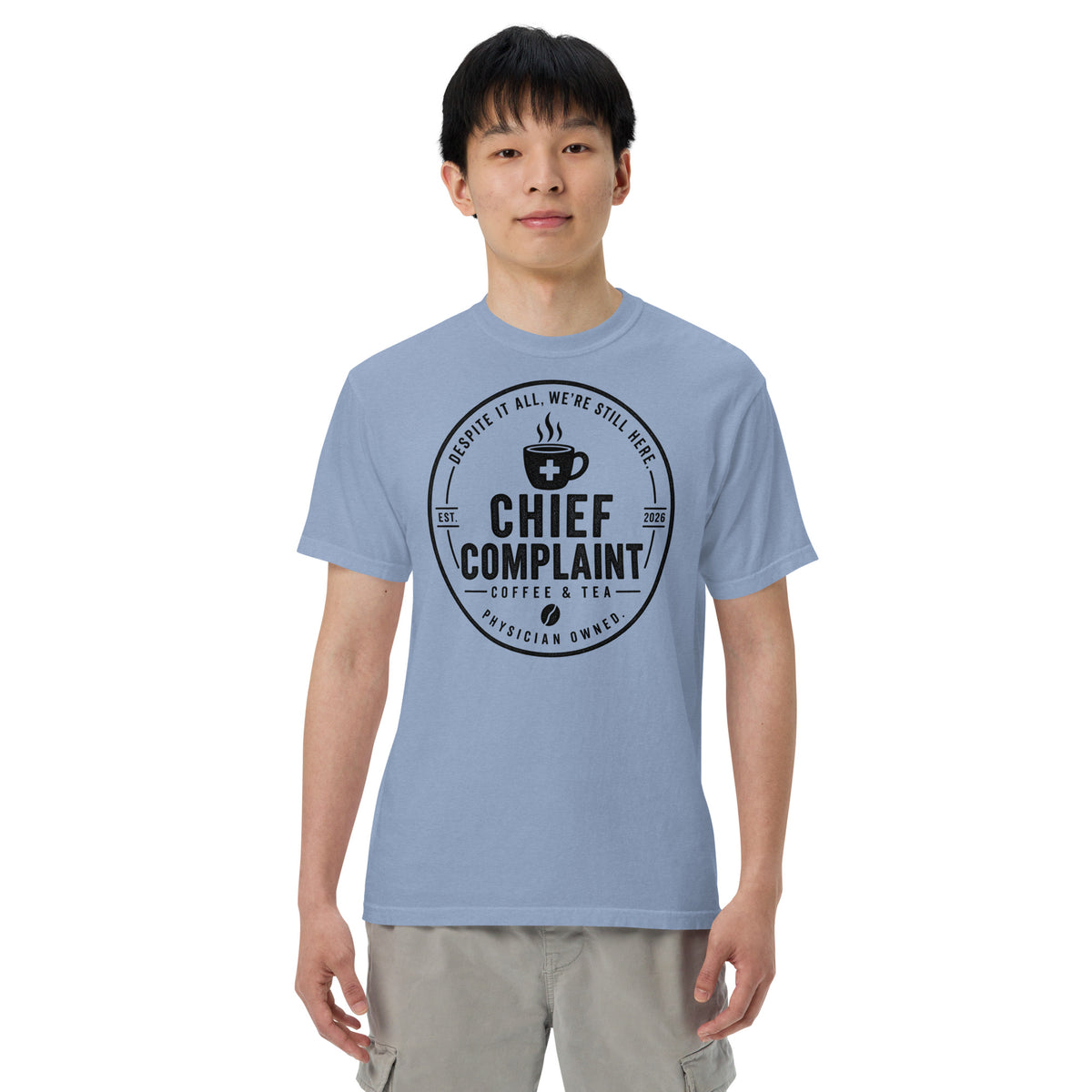That Long Coat Feeling Heavyweight Tee in washed denim, garment dyed heavyweight physician t-shirt, front view, physician owned