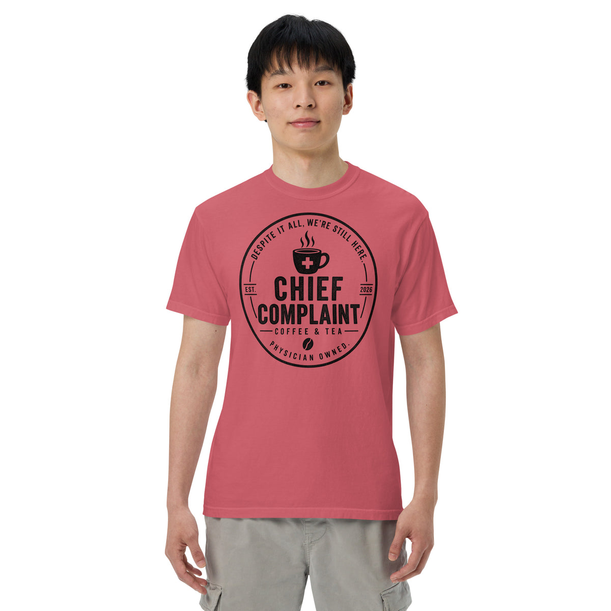 That Long Coat Feeling Heavyweight Tee in watermelon, garment dyed heavyweight physician t-shirt, front view, physician owned