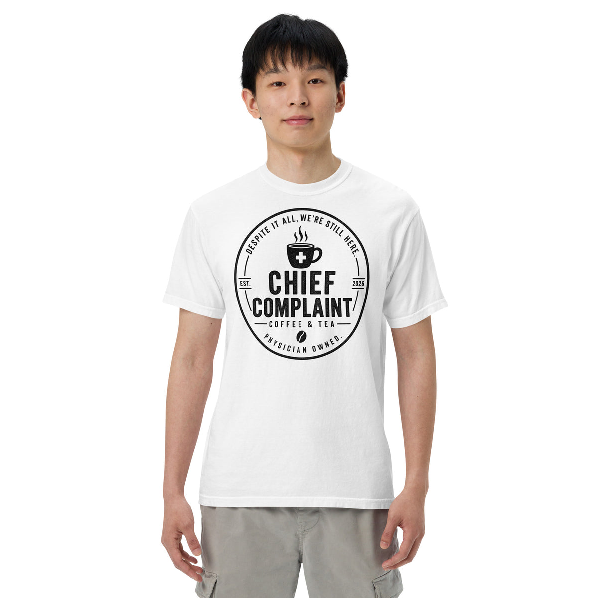 That Long Coat Feeling Heavyweight Tee in white, garment dyed heavyweight physician t-shirt, front view, physician owned