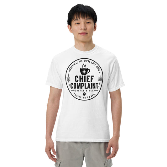 That Long Coat Feeling Heavyweight Tee in white, garment dyed heavyweight physician t-shirt, front view, physician owned