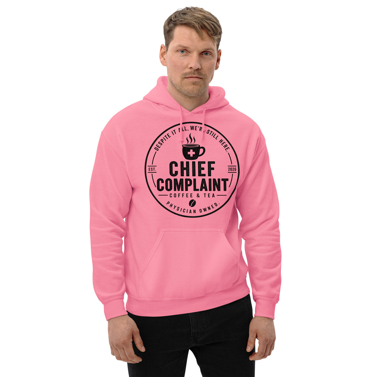 The Night Float Hoodie in azalea pink, physician and nurse pullover hoodie, front view, physician owned
