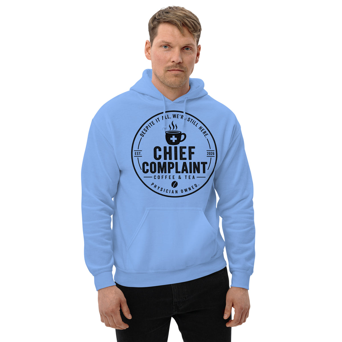 The Night Float Hoodie in Carolina blue, physician and nurse pullover hoodie, front view, physician owned