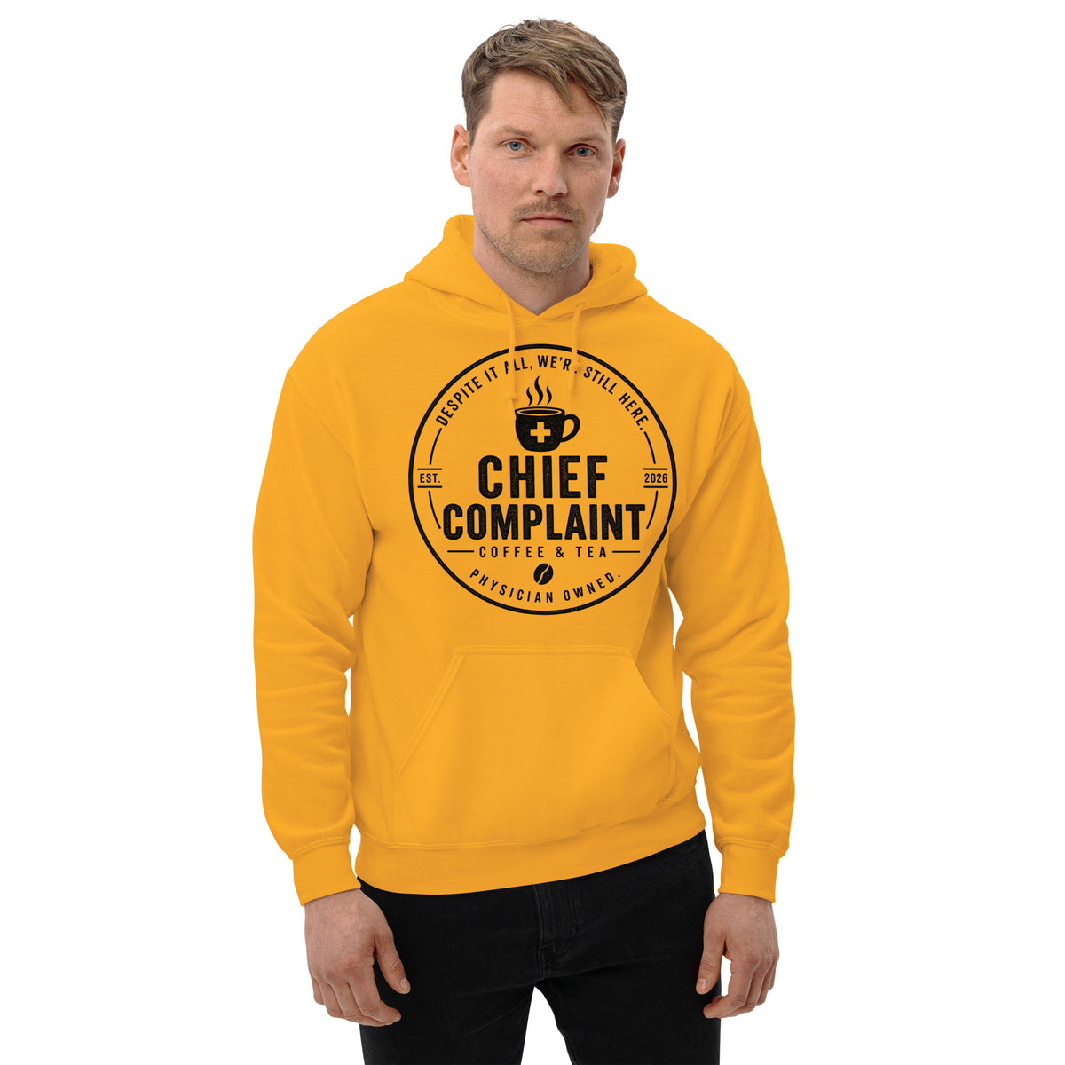 The Night Float Hoodie in gold, physician and nurse pullover hoodie, front view, physician owned