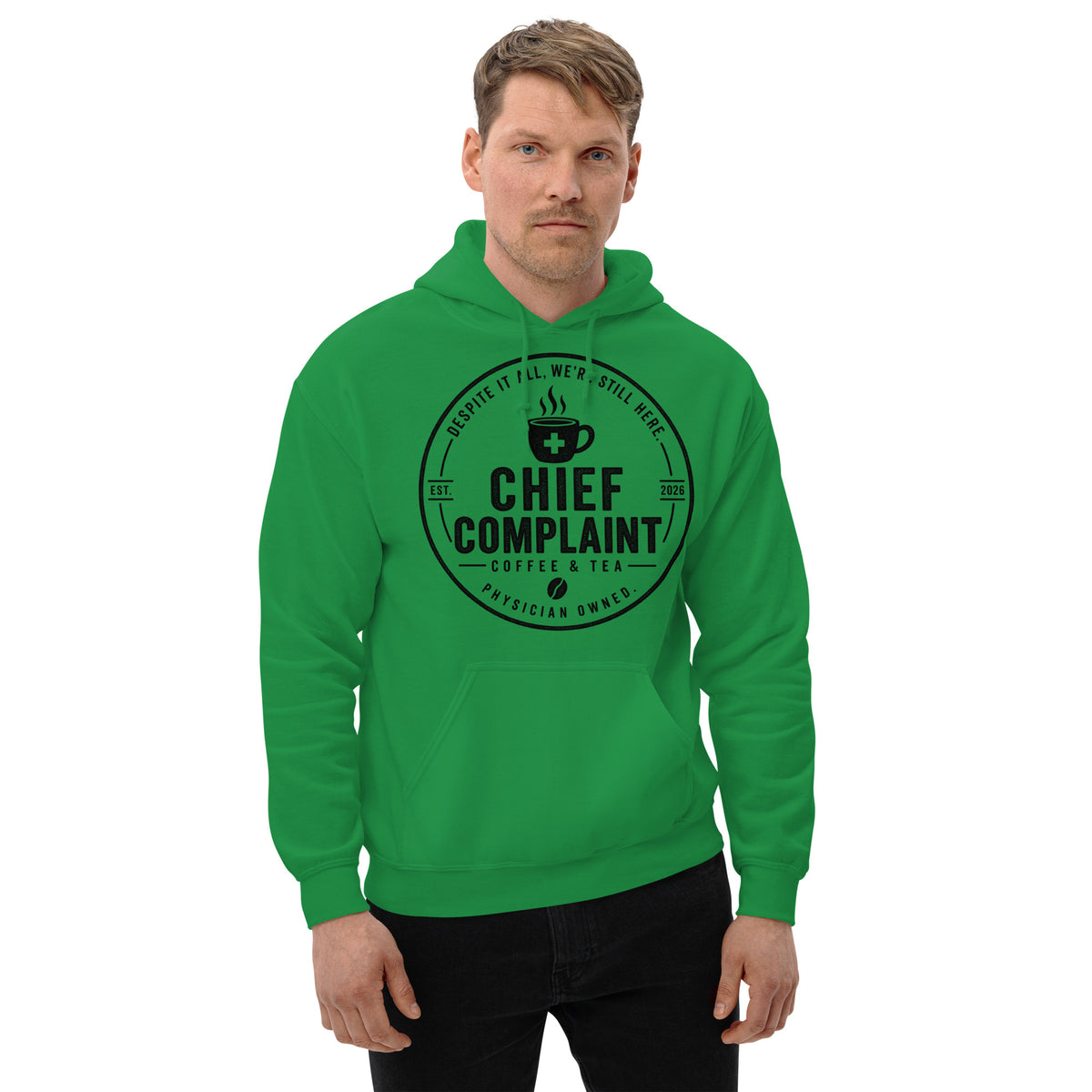The Night Float Hoodie in Irish green, physician and nurse pullover hoodie, front view, physician owned