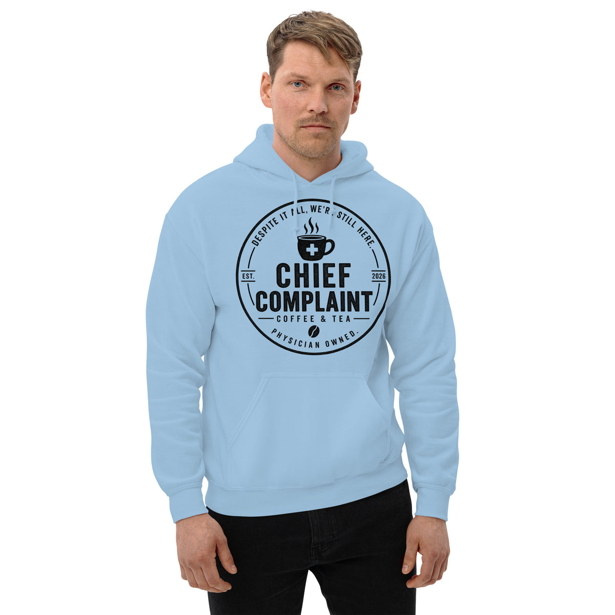 The Night Float Hoodie in light blue, physician and nurse pullover hoodie, front view, physician owned