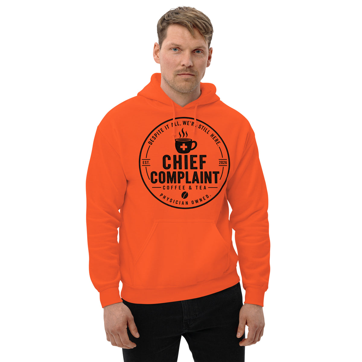 The Night Float Hoodie in orange, physician and nurse pullover hoodie, front view, physician owned